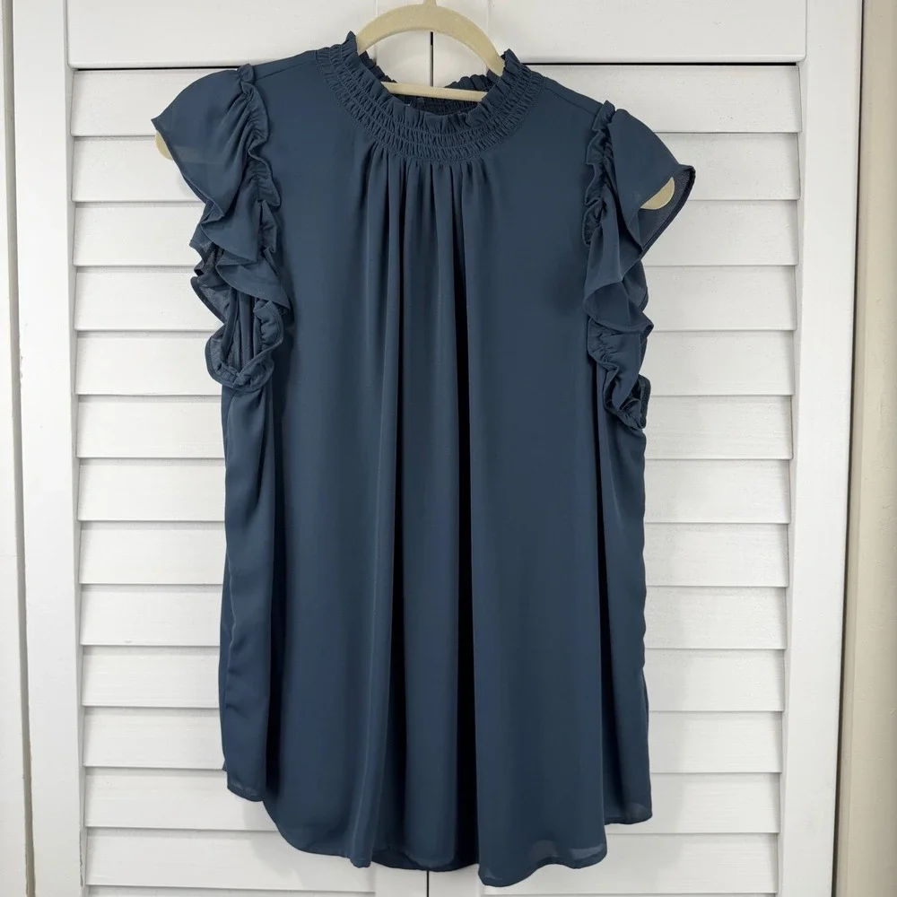 LOFT Outlet Blouse XL Blue Smocked‎ Mock Neck Ruffle Sleeve